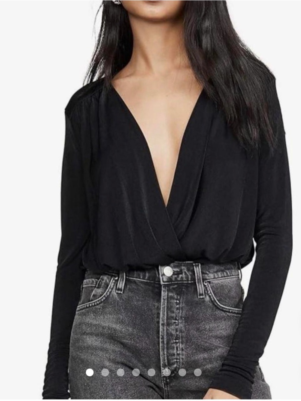 Free People Black Surplice Deep V Long Sleeve Bodysuit check measurements please